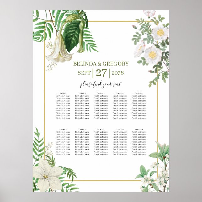 White Green Floral Gold Wedding Seating Chart (Front)