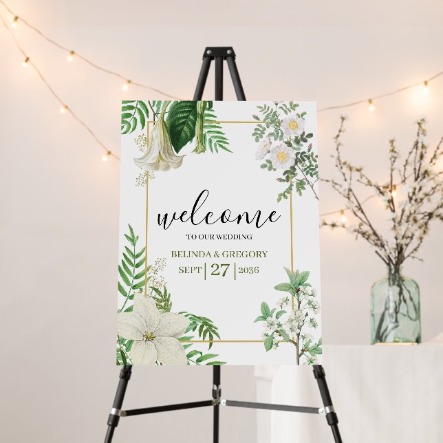 White Green Floral Gold Wedding Welcome Sign (In Situ (Stand))