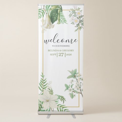 White Green Floral Gold Wedding Welcome Sign