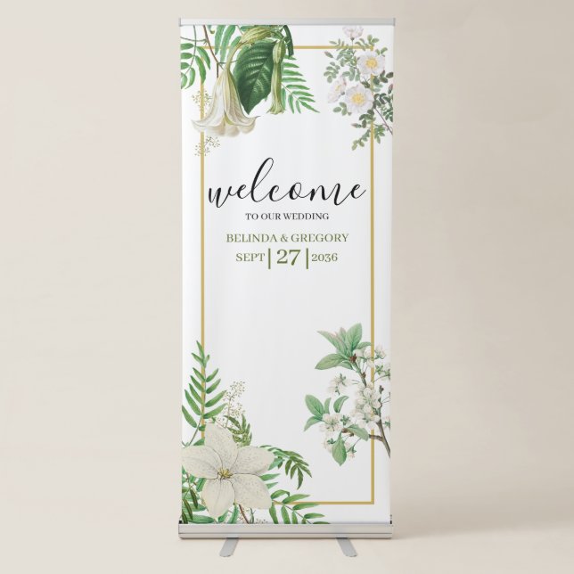 White Green Floral Gold Wedding Welcome Sign (Front)