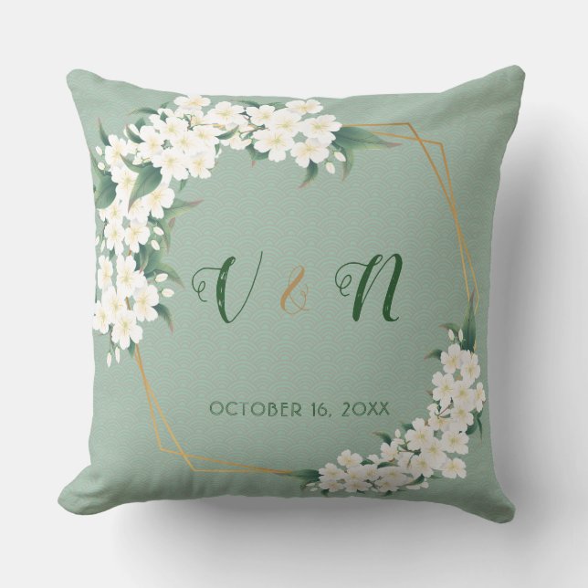 White Green Floral Monogram Wedding Keepsake Throw Pillow (Front)