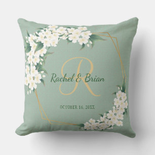 White Green Floral Monogram Wedding Keepsake Throw Pillow