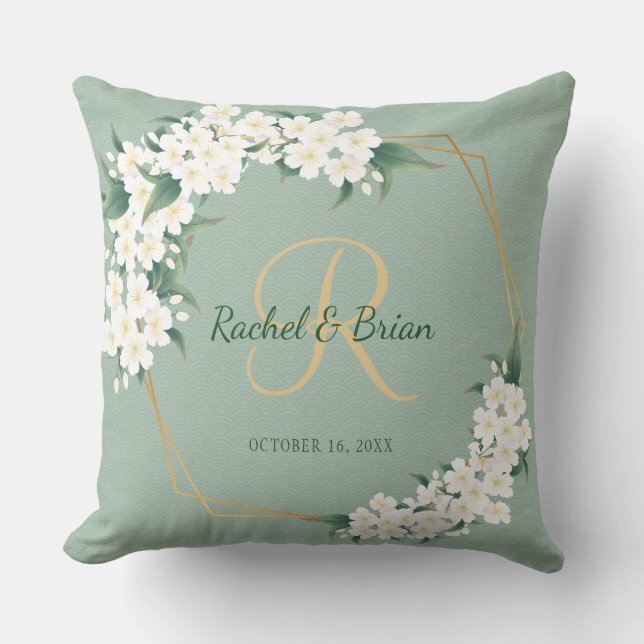White Green Floral Monogram Wedding Keepsake Throw Throw Pillow (Front)