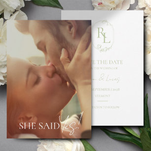 White Green Floral Monogram Wedding Save The Date Announcement