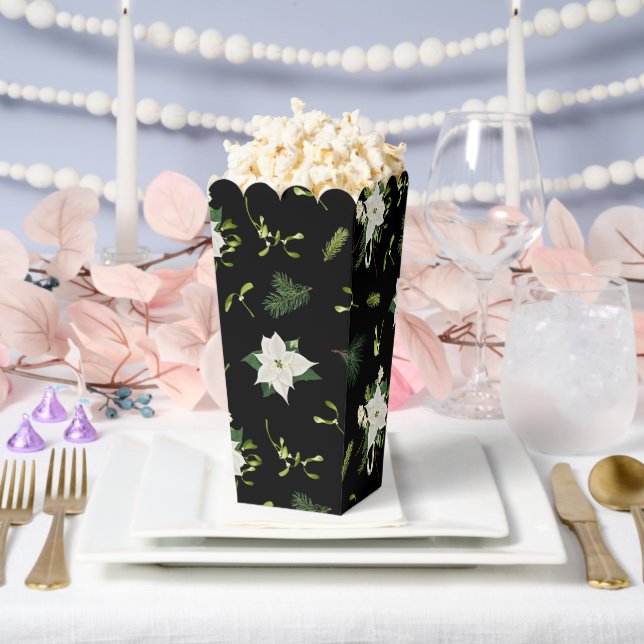White Green Floral Pattern on Black Popcorn Favor Boxes (Wedding)