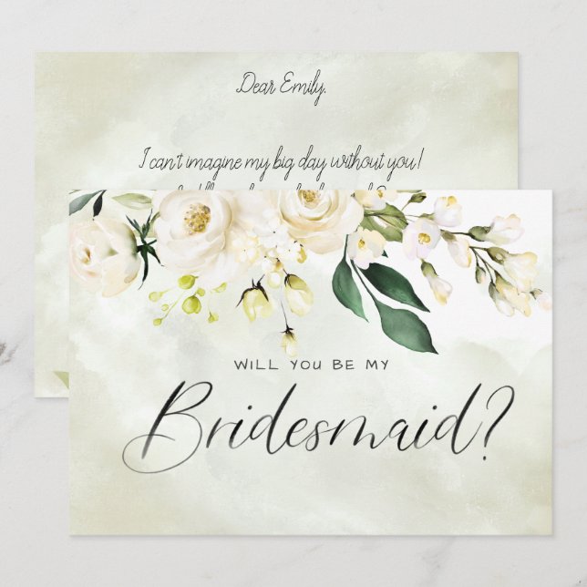 White & Green Floral Watercolor Script Bridesmaid Invitation (Front/Back)