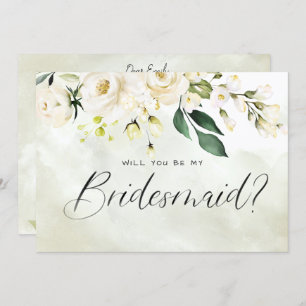 White & Green Floral Watercolor Script Bridesmaid Invitation
