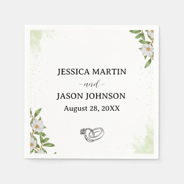 White Green Floral Watercolor Wedding  Napkins (Front)