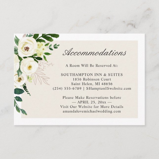 White Green Floral Wedding Accommodations Enclosure Card (Front)