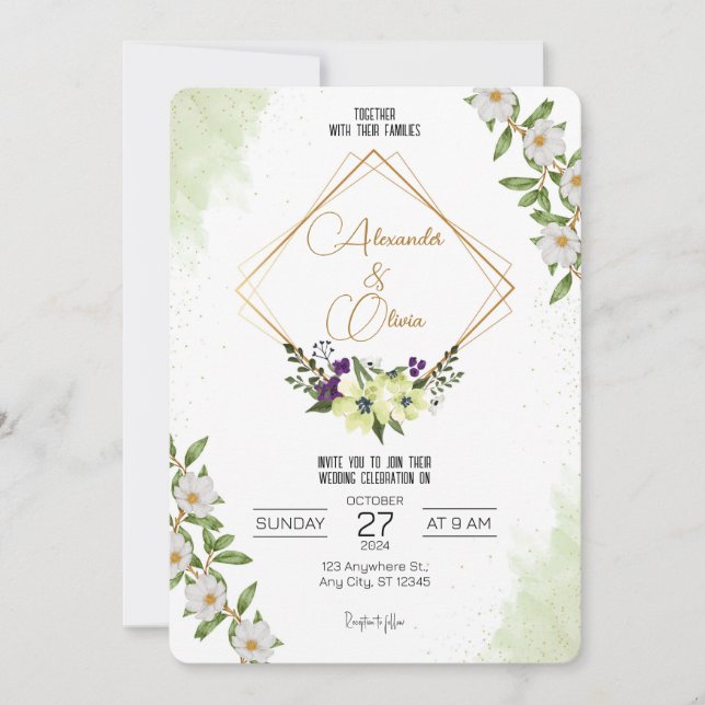 White Green Floral Wedding Invitation (Front)