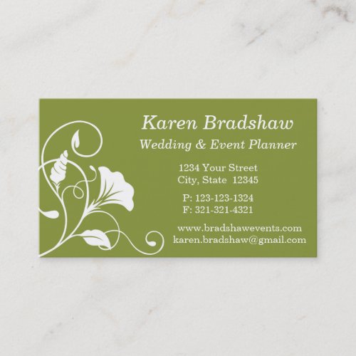 White &amp; Green Floral Wedding Planner Business Card Business Card Templates