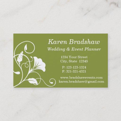 Customizable White &amp; Green Floral Wedding Planner Business Card Business Card Templates
