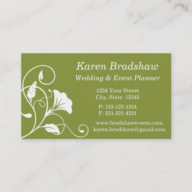 White & Green Floral Wedding Planner Business Card (Front)