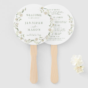 White Green Floral Wreath Boho Wedding Program Hand Fan
