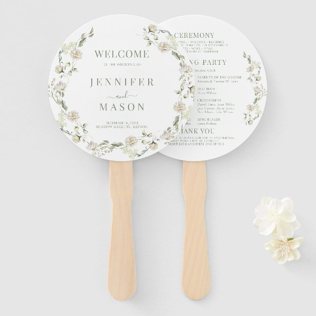 White Green Floral Wreath Boho Wedding Program Hand Fan (Front and Back)