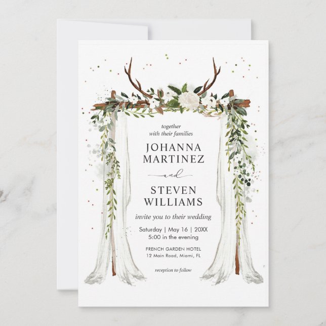 White Green Fowers Deer Antler Canopy Wedding Invitation (Front)