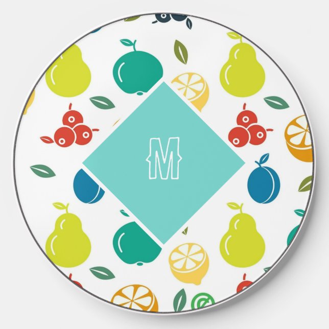 White Green Fruits Custom Monogram  Wireless Charger (Front)