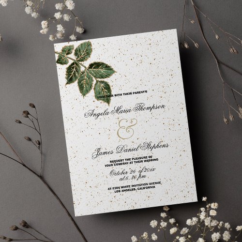 White green gold glitter leaf confetti wedding invitation