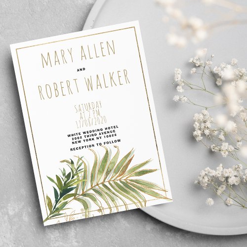 White green gold glitter palm tree leaf wedding invitation