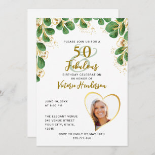 White Green & Gold Greenery 50 & Fabulous Birthday Invitation