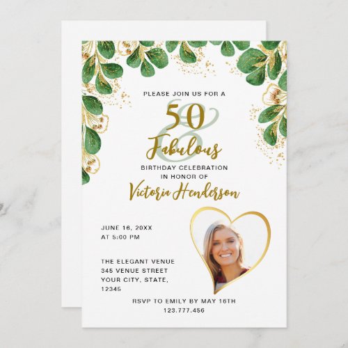 White Green  Gold Greenery 50  Fabulous Birthday Invitation
