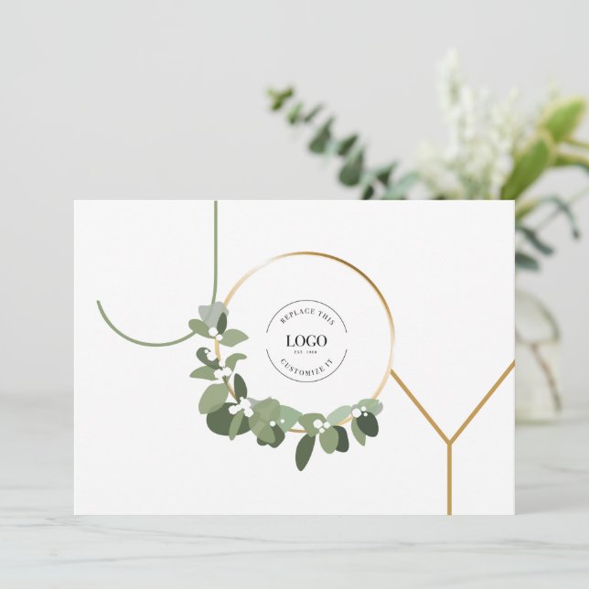 White Green Gold Joy Custom Business Logo Holiday  Card (Standing Front)