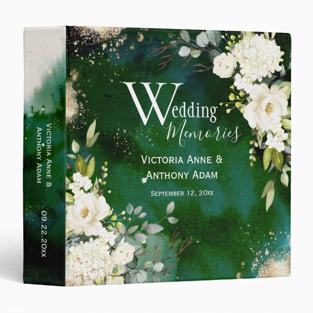 White Green Gold Rustic Floral Wedding 3 Ring Binder (Front/Spine)