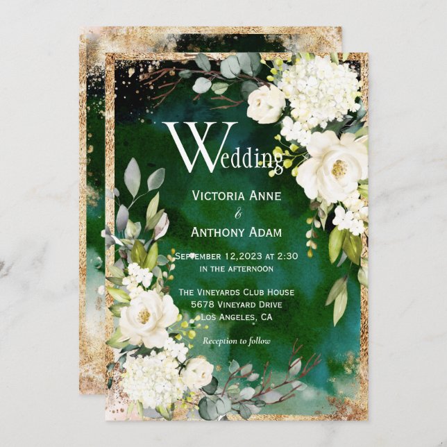 White Green Gold Rustic Floral Wedding Invitation (Front/Back)