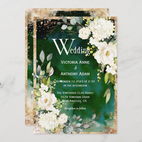 White Green Gold Rustic Floral Wedding Invitation