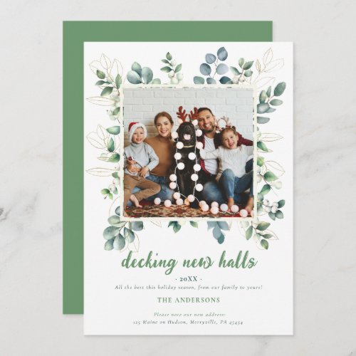 White Green Gold Winter Berries New Address Photo Holiday Card