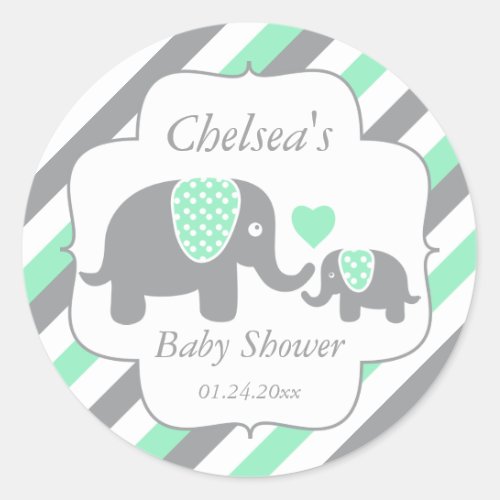 White Green  Gray Stripe Elephants Baby Shower Classic Round Sticker