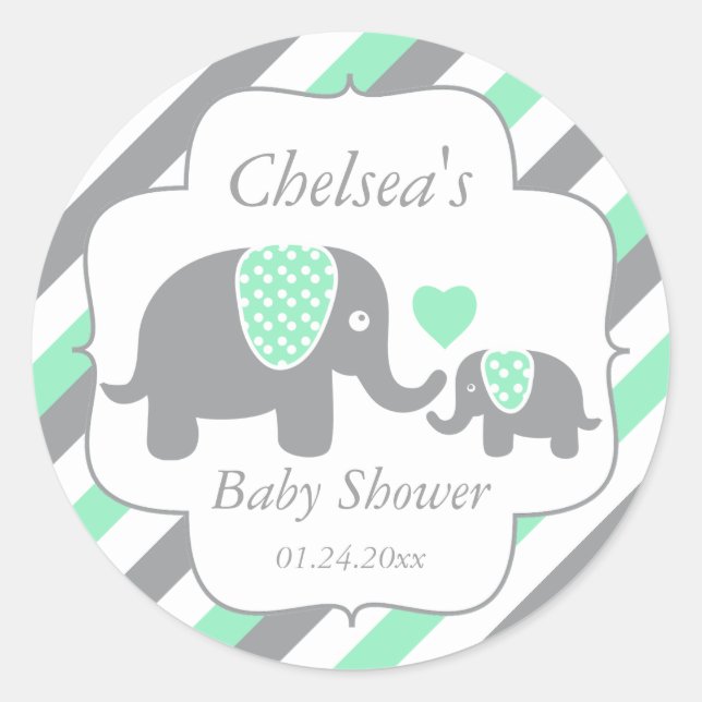 White, Green & Gray Stripe Elephants Baby Shower Classic Round Sticker (Front)