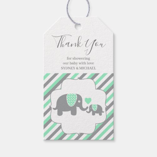 White Green  Gray Stripe Elephants Baby Shower Gift Tags