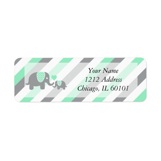 White, Green & Gray Stripe Elephants Baby Shower Label (Front)