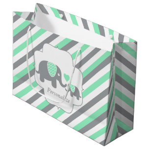 White, Green & Gray Stripe Elephants Baby Shower Large Gift Bag