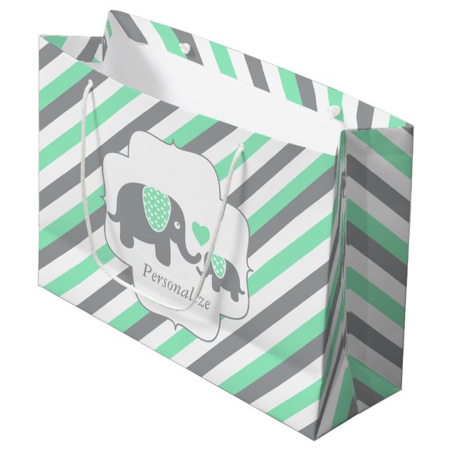 White, Green & Gray Stripe Elephants Baby Shower Large Gift Bag (Front Angled)