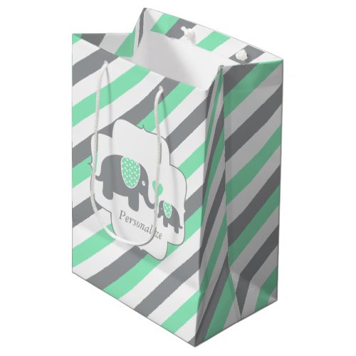 White Green  Gray Stripe Elephants Baby Shower Medium Gift Bag