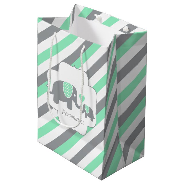 White, Green & Gray Stripe Elephants Baby Shower Medium Gift Bag (Front Angled)