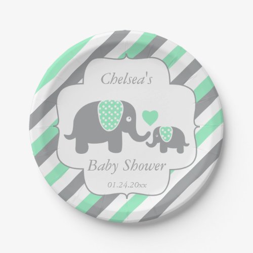 White Green  Gray Stripe Elephants Baby Shower Paper Plates
