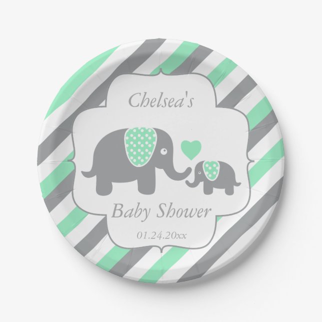 White, Green & Gray Stripe Elephants Baby Shower Paper Plates (Front)