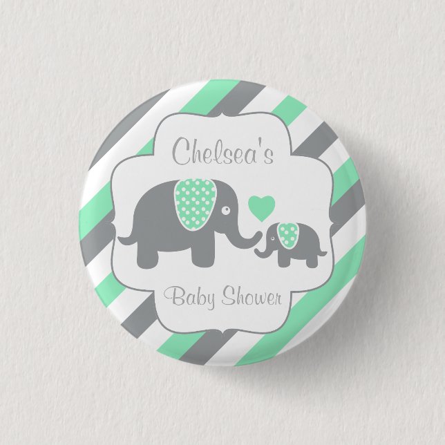 White, Green & Gray Stripe Elephants Baby Shower Pinback Button (Front)