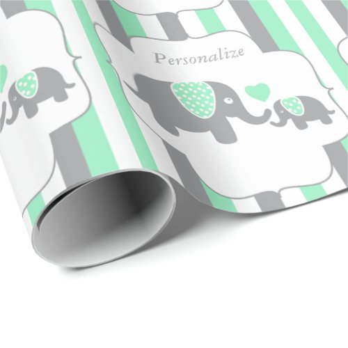 White Green  Gray Stripe Elephants Baby Shower Wrapping Paper