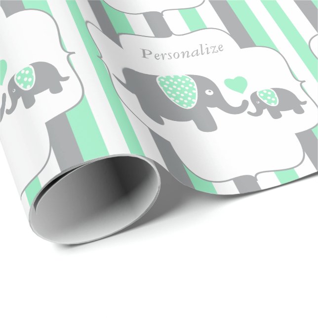 White, Green & Gray Stripe Elephants Baby Shower Wrapping Paper (Roll Corner)