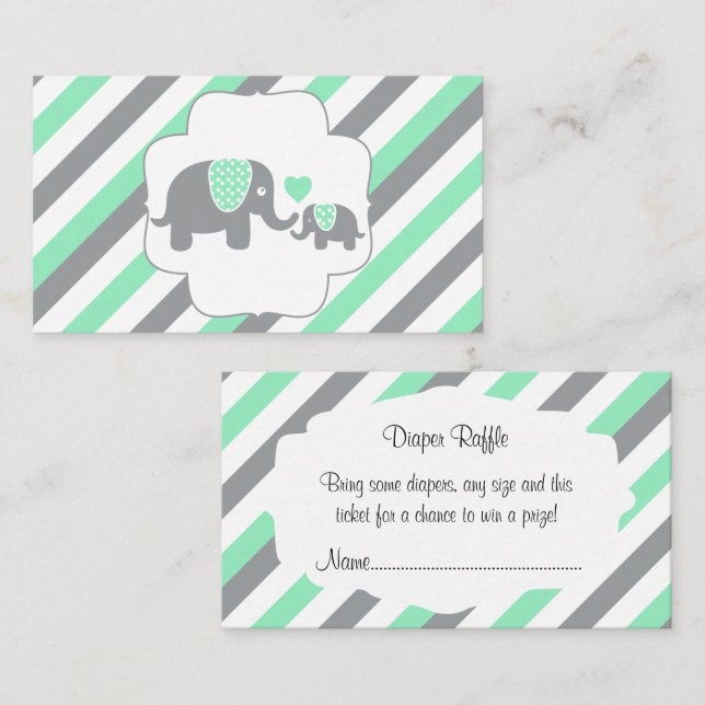 White, Green & Gray Stripe Elephants Diaper Raffle Enclosure Card (Front/Back)