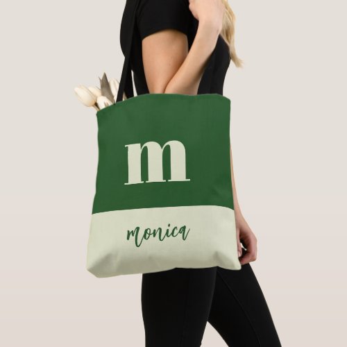 White & green initial personalized tote bag