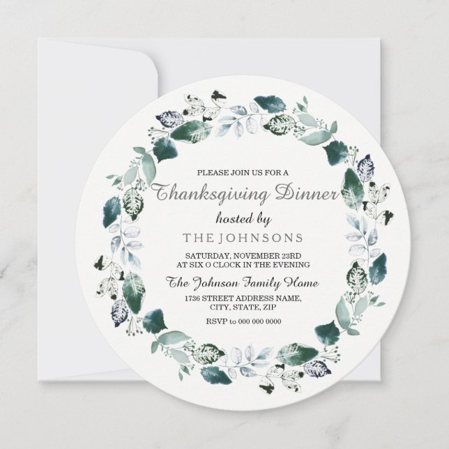 White Green Leaf Wreath Thanksgiving Dinner Invite (Front)