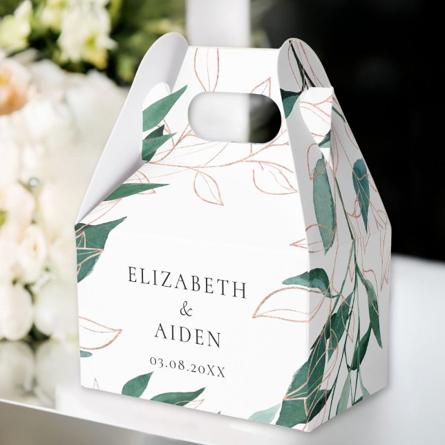 White Green Leafy Wedding Collection Favor Boxes (Personalized White Green Leafy Wedding Favor Boxes with your Name & Date.)