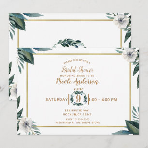 White Green Leaves Anemone Floral Bridal Shower Invitation