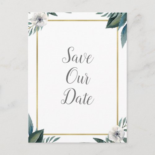 White Green Leaves Anemone Floral Save The Date Announcement Postcard