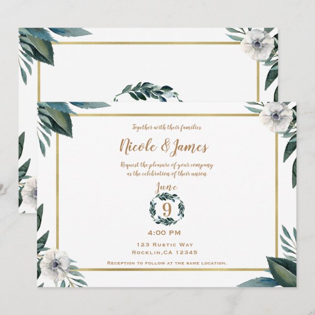 White Green Leaves Anemone Floral Wedding Invitation (Front/Back)